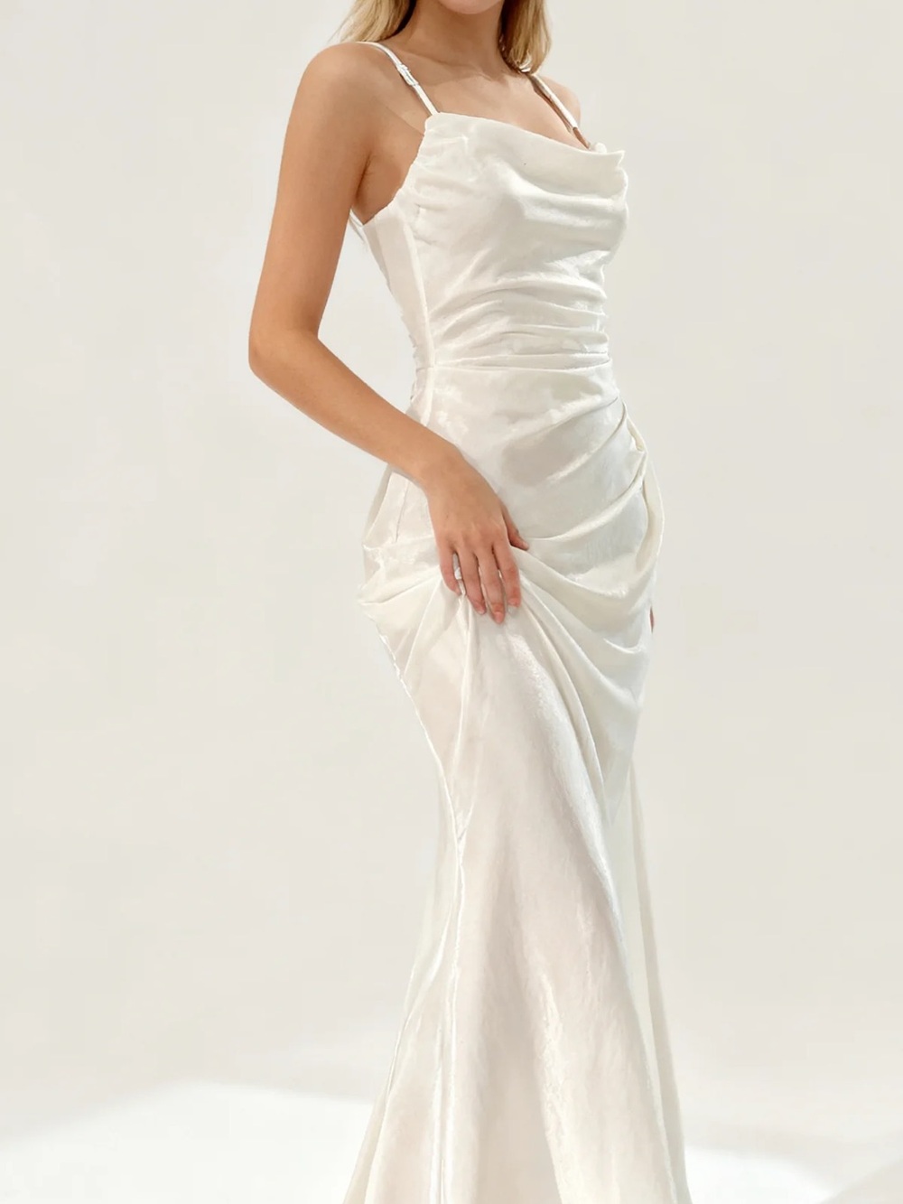 Strapless Ivory Satin Cowl Ruched Evening Dress